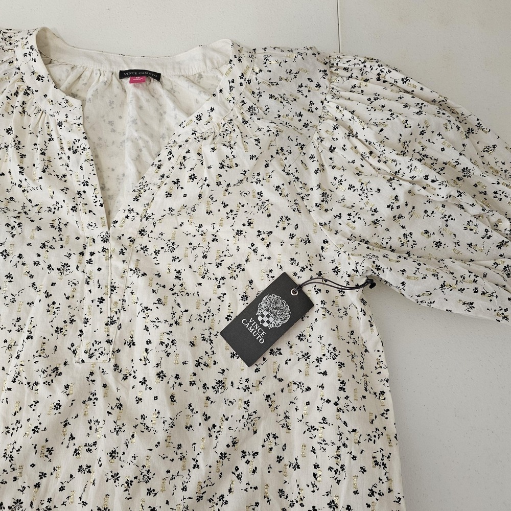 Vince Camuto Blouse Womens Medium Birch Island Oasis Floral Puff Sleeve Metallic - Picture 4 of 11